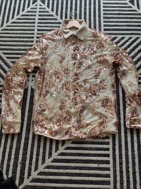 Sequin Floral Semi Sheer Button-Up Shirt in Blush Gold